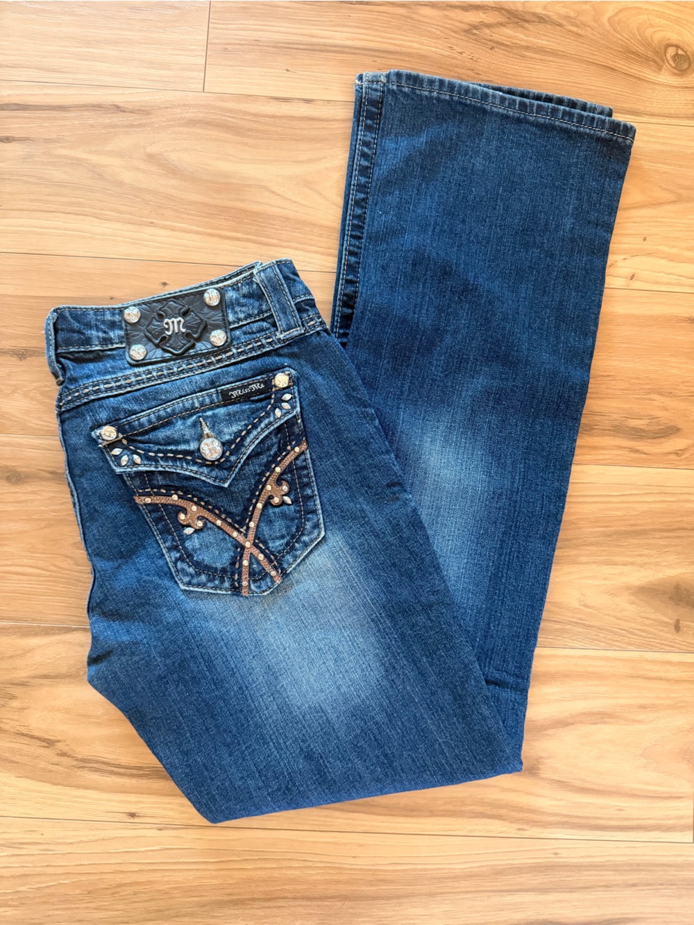 Miss Me Dark Blue Bootcut Jeans with Embellished Back Pockets